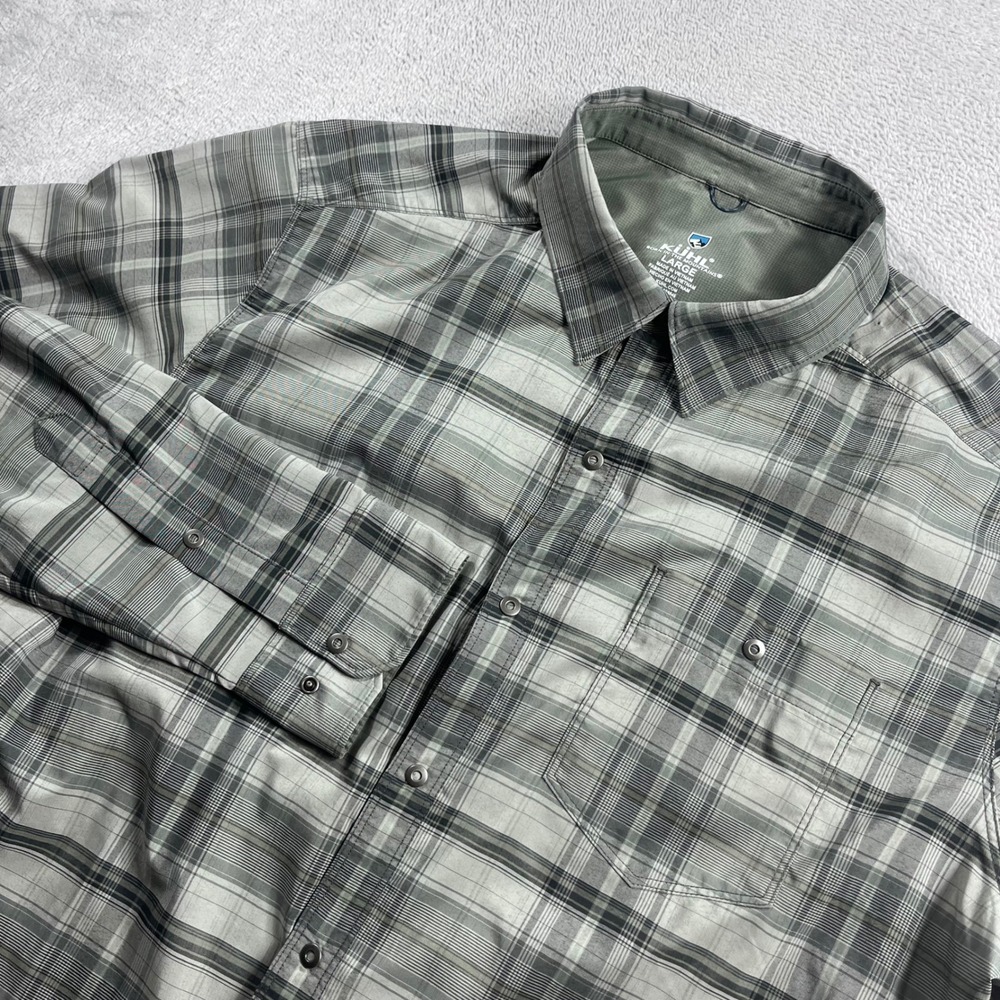 Kuhl Response Shirt Mens Large Gray Green Plaid Long Sleeve Button Down 7479